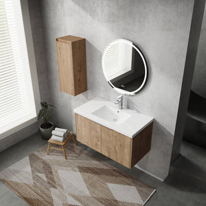 English Elm 36" Wall-Mounted Bathroom Vanity With Soft-Close Sink & Side Cabinet For Stylish Storage Solutions W999S00218