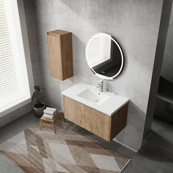 English Elm 36" Wall-Mounted Bathroom Vanity With Soft-Close Sink & Side Cabinet For Stylish Storage Solutions W999S00218