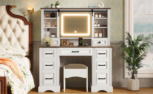 English Elm 47.2" Farmhouse Vanity Desk with Led Mirror Sliding Storage Stool 9 Drawers Oak White N704G202304A