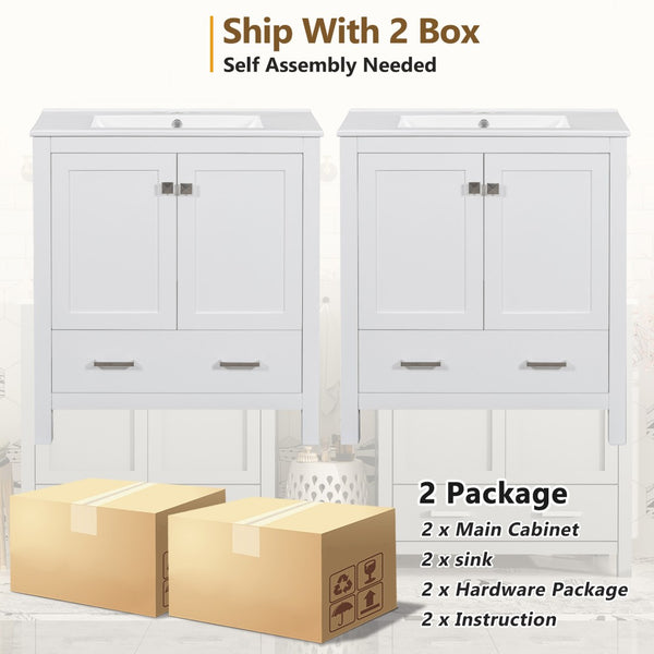 English Elm Modern 48 Inch Freestanding Bathroom Vanity Dual Ceramic Sinks Soft Close Gold Handles White N729P000001K