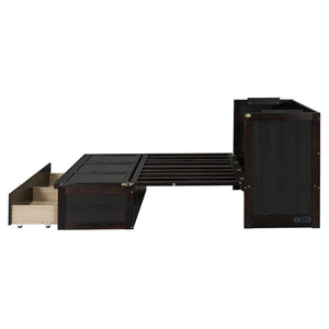 English Elm Full Size Wall Murphy Bed Cabinet with Storage Drawer and Built-in Usb Charging Espresso N708P205903P