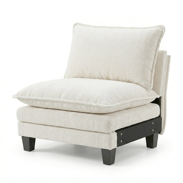 English Elm Armless Chenille Club Chair Oversized Plush Seat for Modern Living Room Reading Nook Beige White W2519P486074