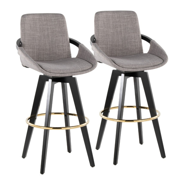 English Elm Fixed-height Swivel Barstools Upholstered Grey Fabric Black Wood Legs Kitchen Set of 2 B202S01891