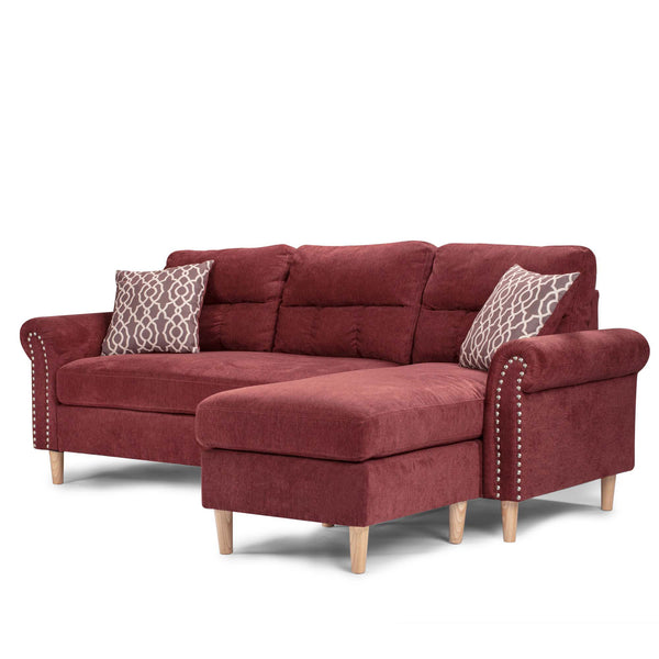 English Elm Reversible Tufted Velvet Sectional Sofa with Reversible Chaise, Nailhead Trim and Accent Pillows Red 34 L x 88 W x 23 H B089P389531