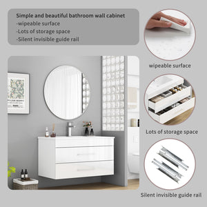 English Elm 36-Inch Modern Wall-Mounted Bathroom Vanity With Soft-Close Drawers & Glossy White Ceramic Sink W3151S00050