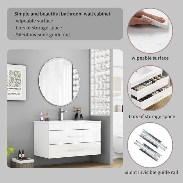 English Elm 36-Inch Modern Wall-Mounted Bathroom Vanity With Soft-Close Drawers & Glossy White Ceramic Sink W3151S00050