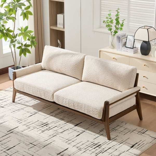 English Elm Mid-century Modern Boucle Upholstered Three Seat Sofa with Walnut Finish Wood Legs Beige N773P411407S