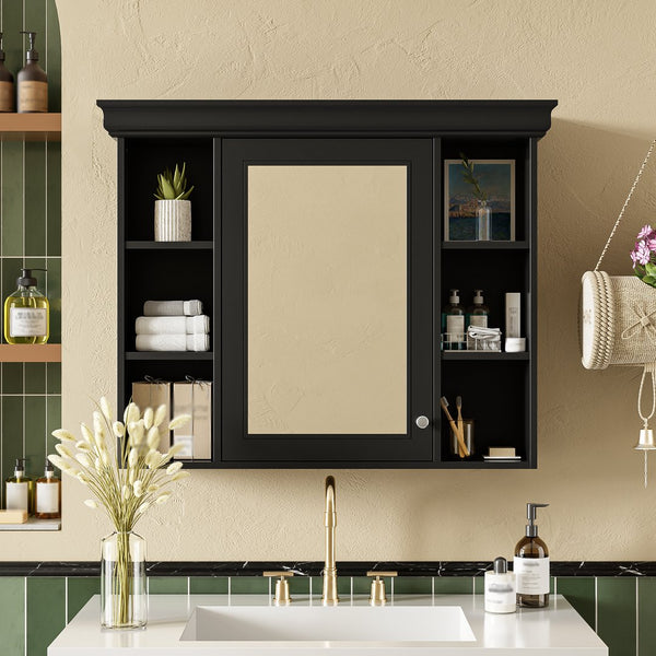 English Elm 35'' 35' 35'' x 28'' Wall Mounted Medicine Cabinet with Mirror Door, Modern MDF Storage with Towel Rod Black N710P196545B
