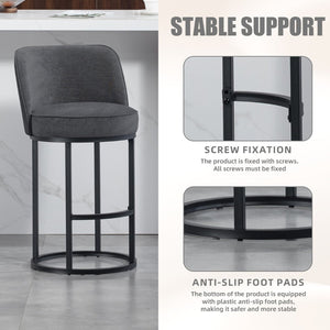 English Elm Counter Height Barstools Set of 2 Linen Upholstered Barrel Seat with Iron Legs Gray W395P410436