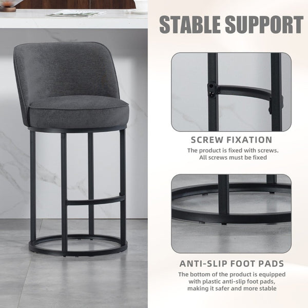 English Elm Counter Height Barstools Set of 2 Linen Upholstered Barrel Seat with Iron Legs Gray W395P410436