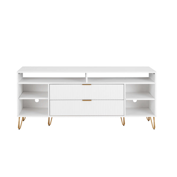 English Elm Dumbo 63" Fluted Media Console with Gold Legs, 2 Drawers, 6 Shelves & Wire Management Elegance White B365P397904