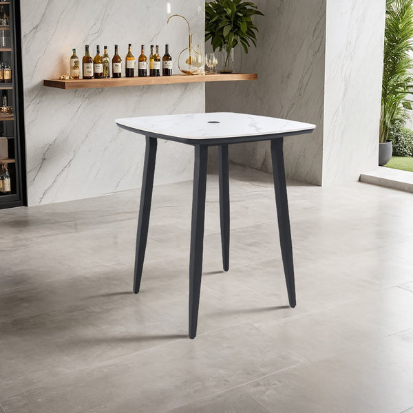 English Elm Modern 35.4" Rounded Square Outdoor Bar Table with Greek White Sintered Stone Top, Umbrella Hole W1886P300274