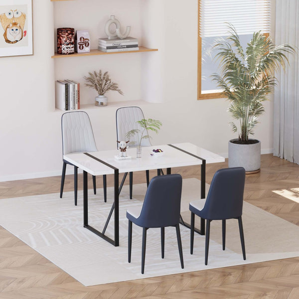 English Elm 55 Inch Industrial Dining Set White Mdf Table Matte Black Legs Four Padded Pu Chairs Blue,White W2189S00854