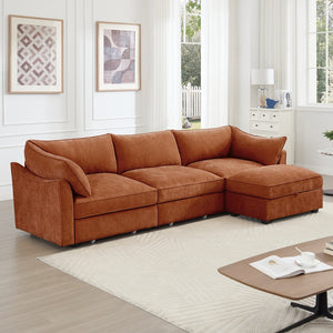 English Elm L-Shaped 3-Seater Sectional Sofa With Movable Ottoman, Chenille Orange, Smart Storage & Comfort W3041S00206