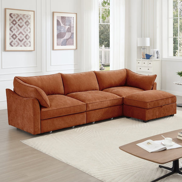 English Elm L-Shaped 3-Seater Sectional Sofa With Movable Ottoman, Chenille Orange, Smart Storage & Comfort W3041S00206