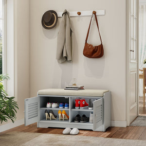 English Elm 28.74"shoe Storage Bench with Louvered Cabinet Cushioned Seat for Entryway Hallway W2948P353902