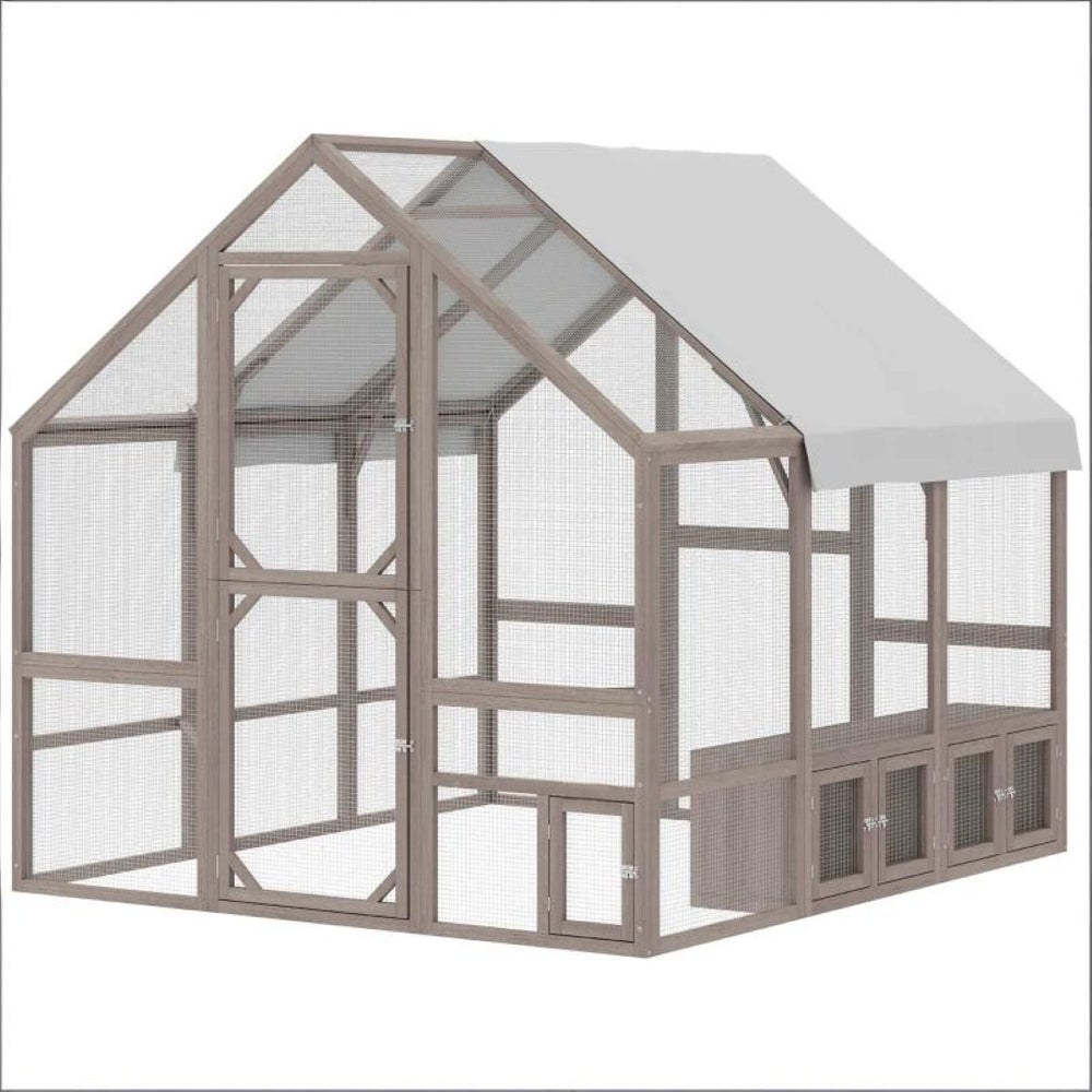 English Elm Chicken Coop Walk-in Fir Wood Run with Nesting Boxes and Galvanized Mesh Enclosure Light Brown,White T3971S00251
