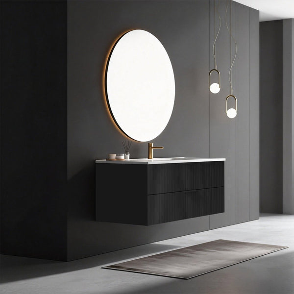 English Elm 48 Inch Floating Bathroom Vanity Fluted Matte Black with Ceramic Sink and Soft Close Drawers W3520S00040