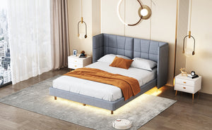 English Elm Queen Upholstered Platform Bed with LED Lights, U-Shaped Headboard, Linen Fabric, Sturdy Metal Legs Gray SF000151AAE