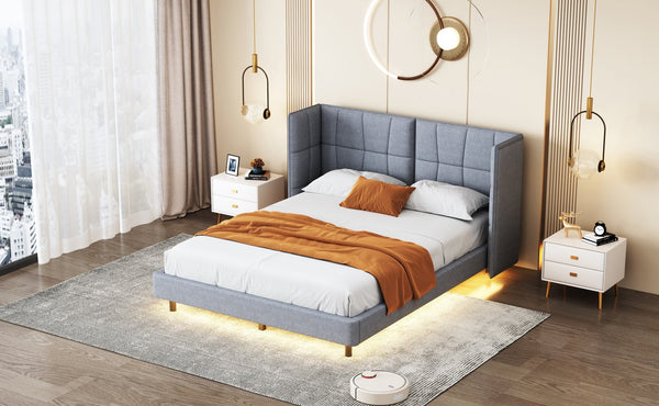 English Elm Queen Upholstered Platform Bed with LED Lights, U-Shaped Headboard, Linen Fabric, Sturdy Metal Legs Gray SF000151AAE