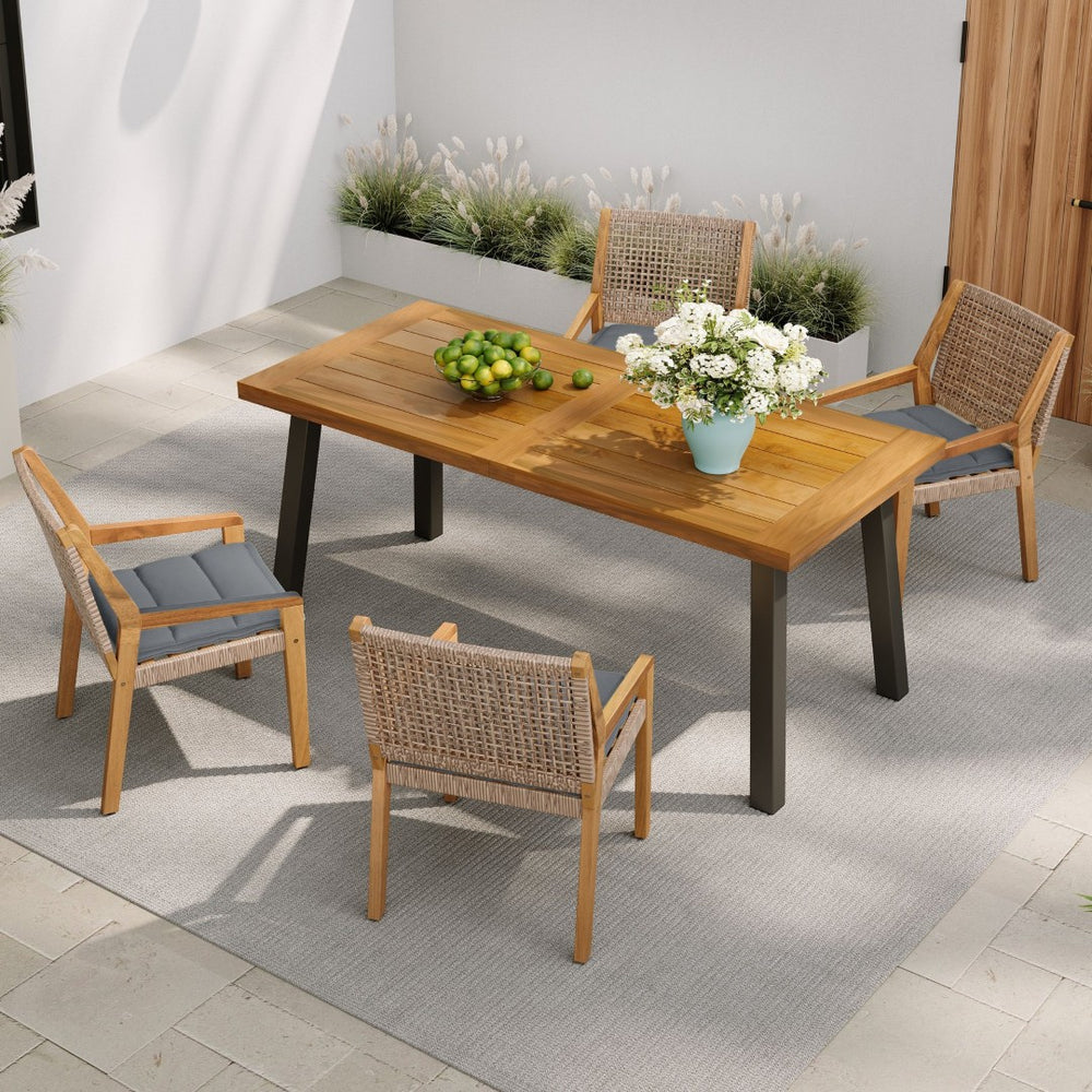 English Elm Modern Acacia Wood Outdoor Dining Set with Wicker Armchairs for Patio or Deck N770PS597R192