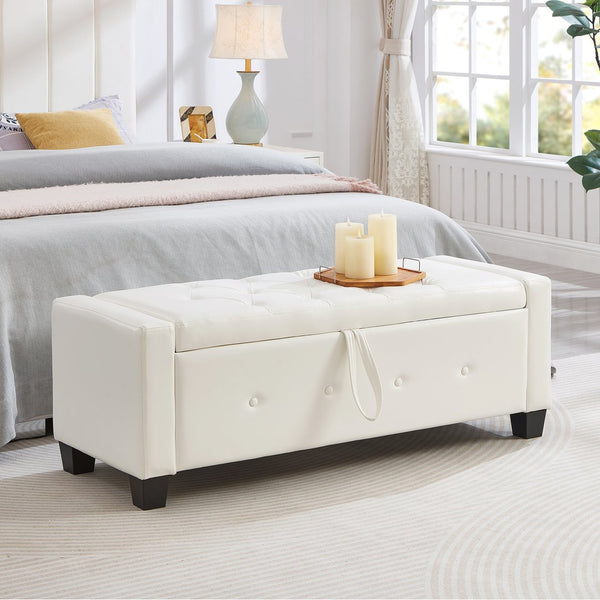 English Elm 48" Storage Ottoman Bench with Tufted Faux Leather Upholstery, Solid Wood Frame & 300lb Capacity Ivory White W1097P338779
