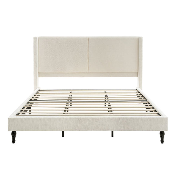 English Elm King Upholstered Bed Frame with Tall Bouclé Headboard, Solid Wood Feet, 12-Slat Support, 1000lb Capacity Beige 81.3 L x 31.5 W x 8.27 H W1716P335675