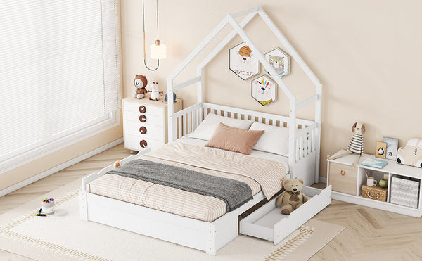 English Elm Wood Queen Size House Platform Bed with Guardrail and 2 Drawers — Charming Kids’ Playful Storage Bedframe White GX000726AAK