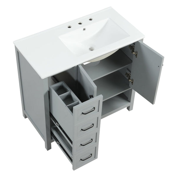 English Elm 36" Freestanding Bathroom Vanity Solid Wood Mdf Cabinet Ceramic Undermount Sink Open Shelf Grey N725P364203E