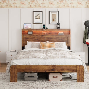 English Elm Bed Frame Queen Size - Modern Wood Platform Bed With Led Headboard, Usb Ports, And Storage Space W636P233483