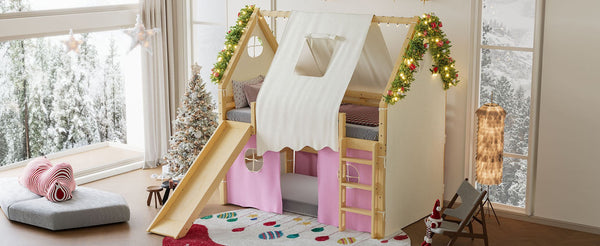 English Elm Full Size Pine Loft Bed with Slide Tent Panels Led Lights and Play Space Below W1580S00291
