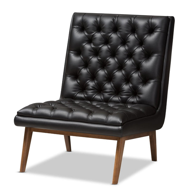 Baxton Studio Baxton Studio Annetha Lounge Chair - Mid-Century Modern Black Faux Leather with Walnut Legs BBT5272-Pine Black-CC
