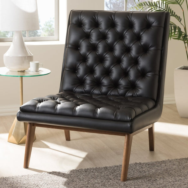 Baxton Studio Baxton Studio Annetha Lounge Chair - Mid-Century Modern Black Faux Leather with Walnut Legs BBT5272-Pine Black-CC
