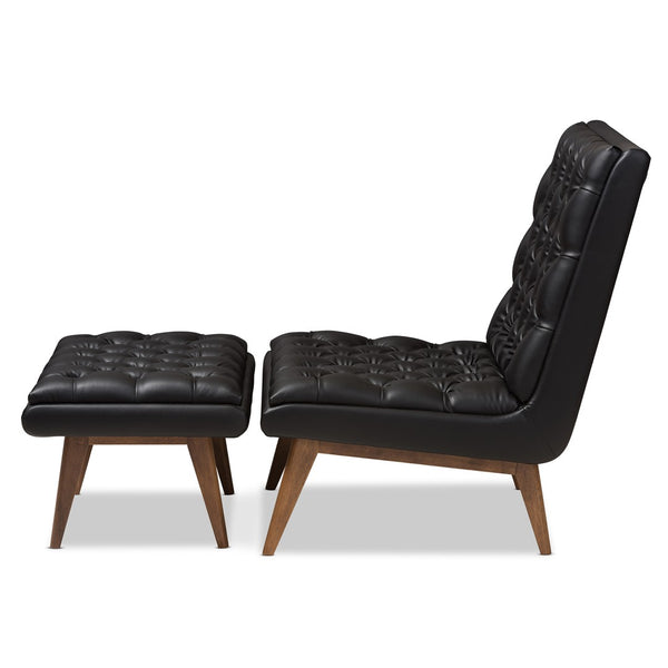 Baxton Studio Baxton Studio Annetha Mid-Century Modern Chair & Ottoman Set - Luxurious Black Faux Leather Comfort BBT5272-Pine Black Set