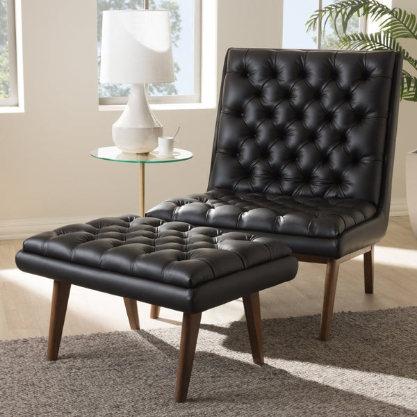 Baxton Studio Baxton Studio Annetha Mid-Century Modern Chair & Ottoman Set - Luxurious Black Faux Leather Comfort BBT5272-Pine Black Set