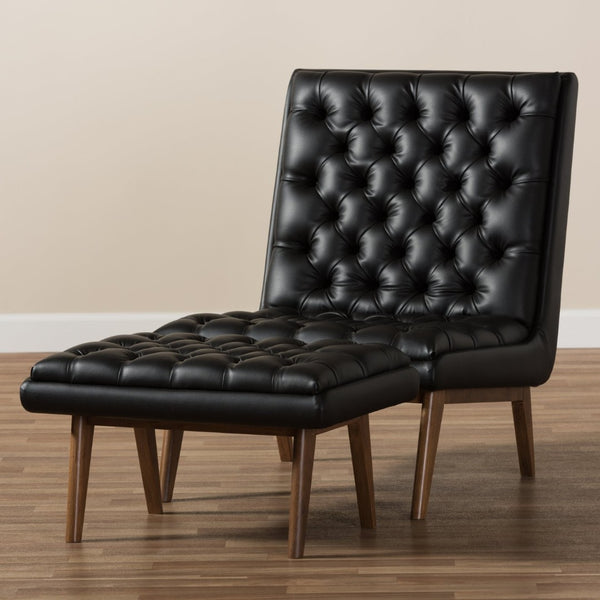 Baxton Studio Baxton Studio Annetha Mid-Century Modern Chair & Ottoman Set - Luxurious Black Faux Leather Comfort BBT5272-Pine Black Set