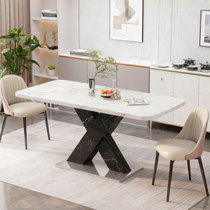 English Elm 47.24"-62.99"modern Extendable Dining Table Marble Print Top with X-base Seats Six W757S00049