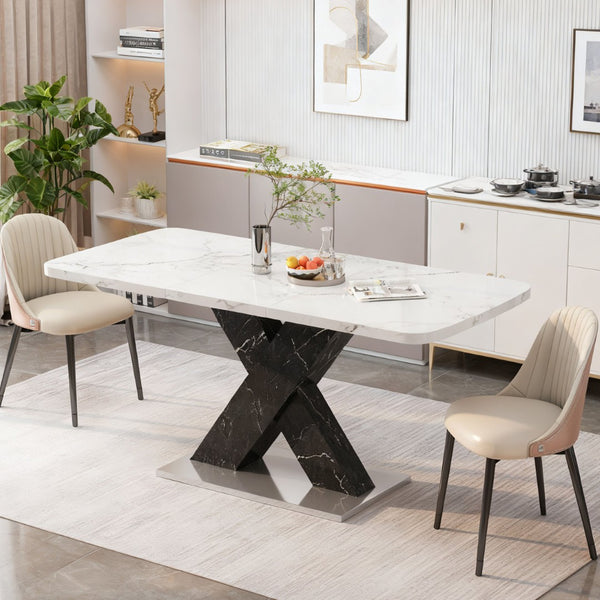 English Elm 47.24"-62.99"modern Extendable Dining Table Marble Print Top with X-base Seats Six W757S00049