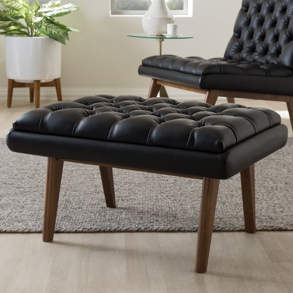 Baxton Studio Baxton Studio Annetha Modern Black Faux Leather Ottoman with Walnut Legs for Stylish Comfort & Durability BBT5273-Pine Black-Stool