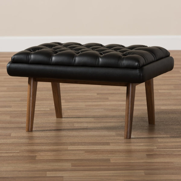 Baxton Studio Baxton Studio Annetha Modern Black Faux Leather Ottoman with Walnut Legs for Stylish Comfort & Durability BBT5273-Pine Black-Stool