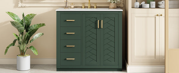 English Elm 36'' Bathroom Vanity with Ceramic Sink Combo, Solid Wood Frame, Soft-Close Drawers and Stylish Retro Groove Design Green N710P291684F
