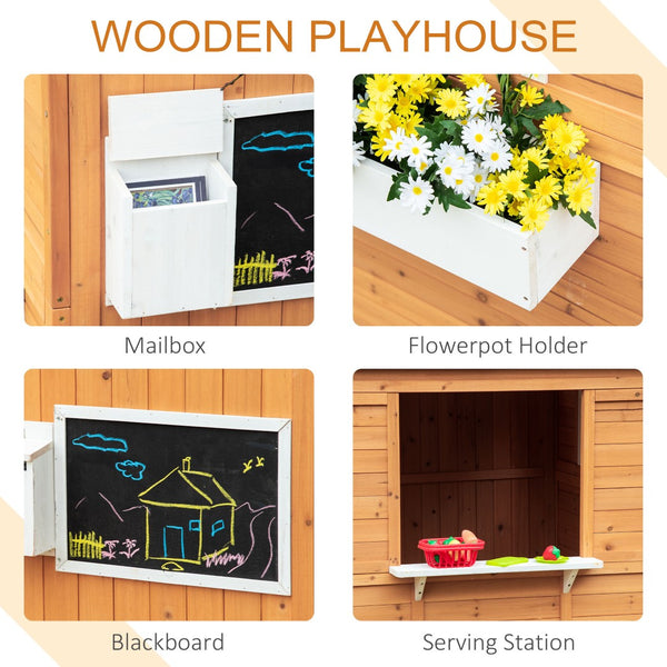 English Elm Outsunny Solid Fir Wood Kids Outdoor Playhouse with Door Windows Bench Mailbox W2225P217343