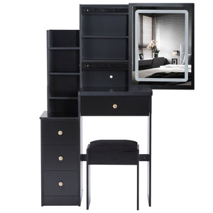 English Elm 29.2" Compact Vanity Set With Led Mirror, Cushioned Stool & Ample Storage For Small Spaces W936P202365