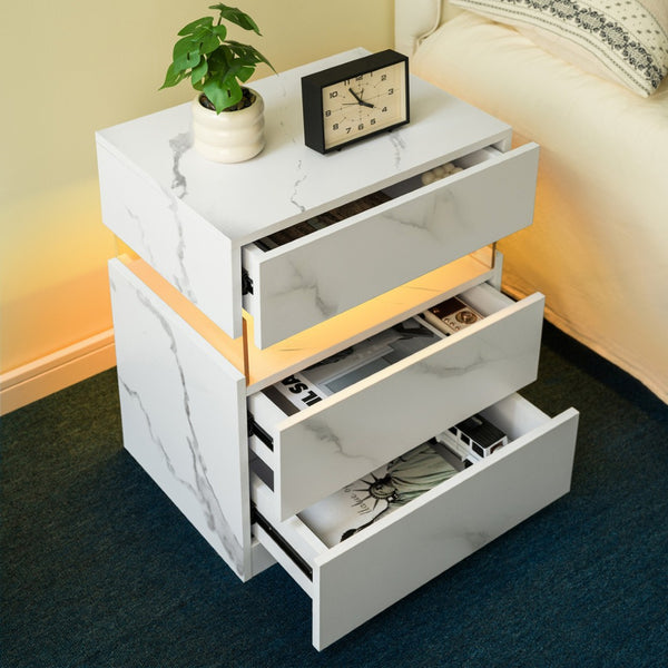 English Elm Led Nightstand with Rgb Acrylic Glow Panel Three Drawers Walnut Bedroom Table Stone White W2178P412304