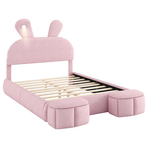 English Elm Full Pink Velvet Platform Bed Cartoon Ear Headboard Led Light Storage Stools N709P195300H-1