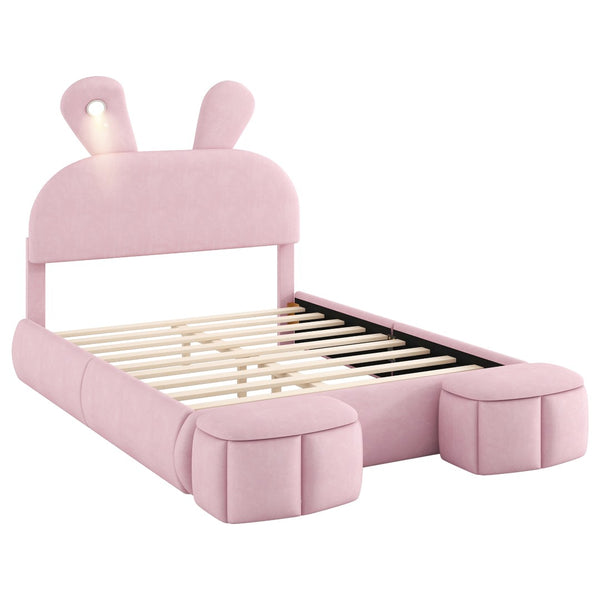 English Elm Full Pink Velvet Platform Bed Cartoon Ear Headboard Led Light Storage Stools N709P195300H-1