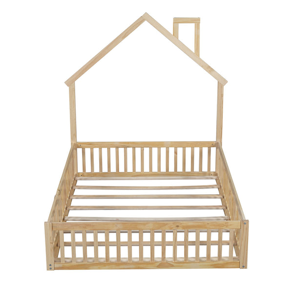 English Elm Wood House Platform Bed Full Size with Guardrail & Playful Frame, Sturdy Pine, Kid-Safe Design Natural N709P171852M