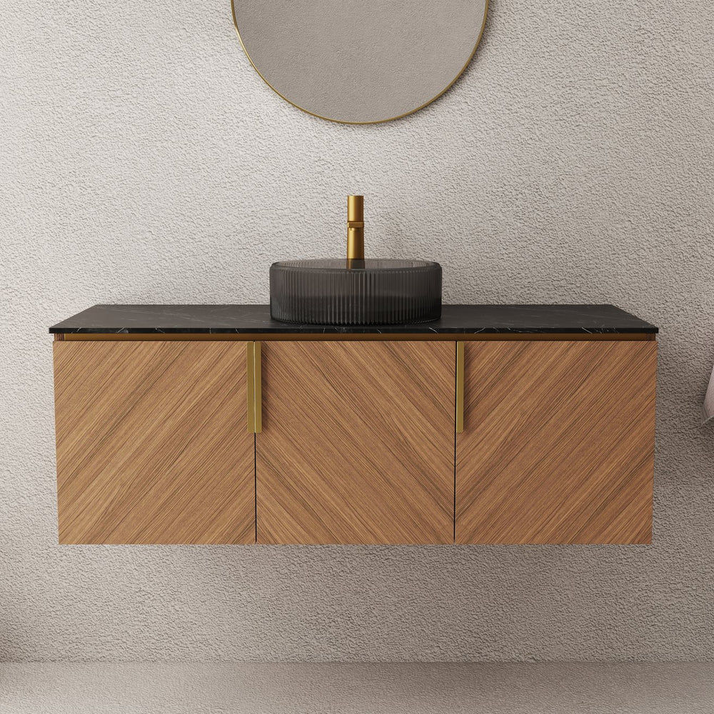 English Elm Arai 48" Modern Bathroom Vanity With Black Glass Basin & Sintered Stone Top, Brown Oak Cabinet Design W2615S00361