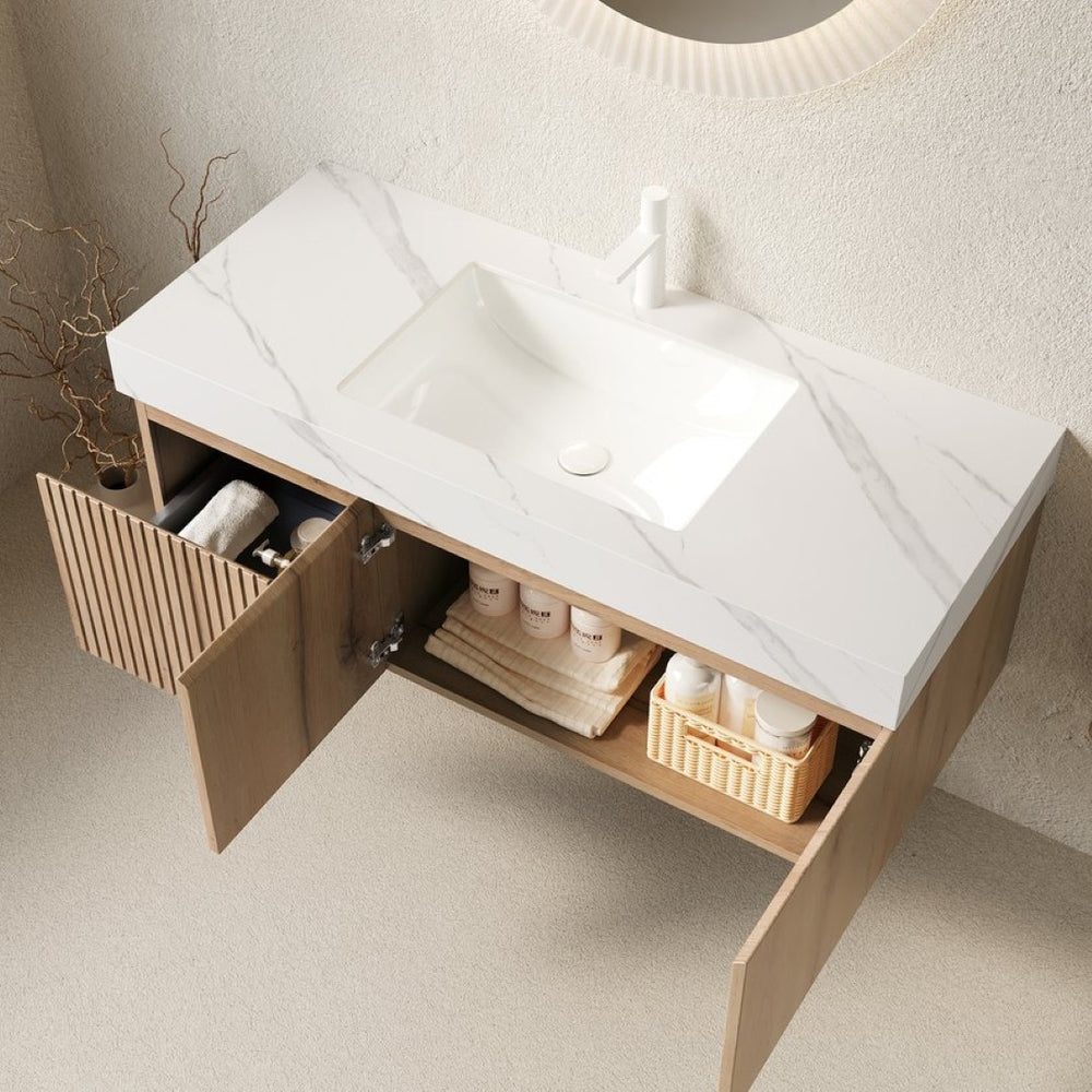 English Elm Muri Floating Bathroom Vanity Plywood Cabinet Sintered Stone Top Oak Woodgrain W2615S00622