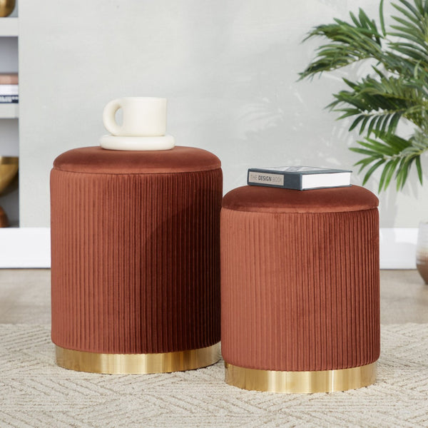 English Elm Nesting Pleated Velvet Ottoman Pair with Polished Gold Base Glam Living Room Accent B202P471509